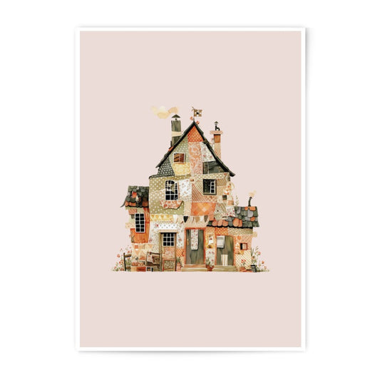 Whimsical Patchwork House Photographic Prints, Quirky Cottage Art, Unique Home Decor, Storybook Illustration, Dreamy Residence - Tawshia