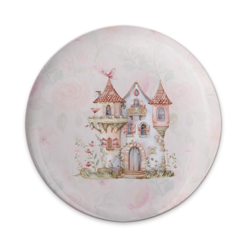 Fairytale Castle Pinback, Cute House Badge, Pink Floral Pin Button, Unique Fantasy Gift, Whimsical Castle Gift, Magical Building Button - Tawshia