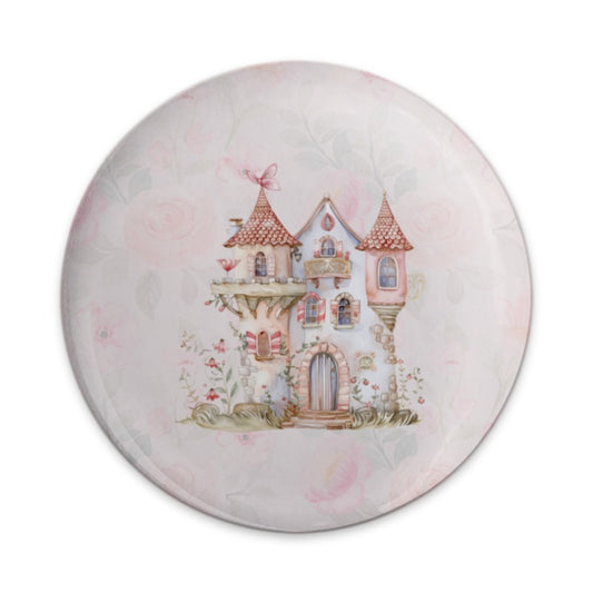 Fairytale Castle Pinback, Cute House Badge, Pink Floral Pin Button, Unique Fantasy Gift, Whimsical Castle Gift, Magical Building Button - Tawshia