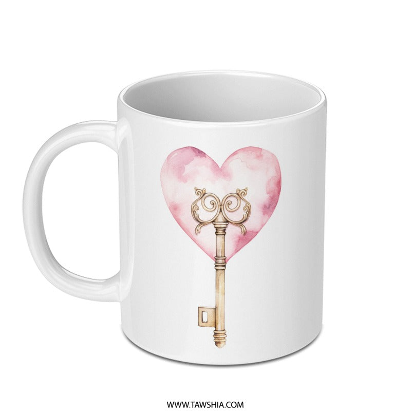 Heart Key Mug, Watercolor Mug, Love Gift Mug, Valentines Day Gift, Romantic Gift Mug, Anniversary Gift, Decorative Coffee Mug, Unique Gift - Tawshia