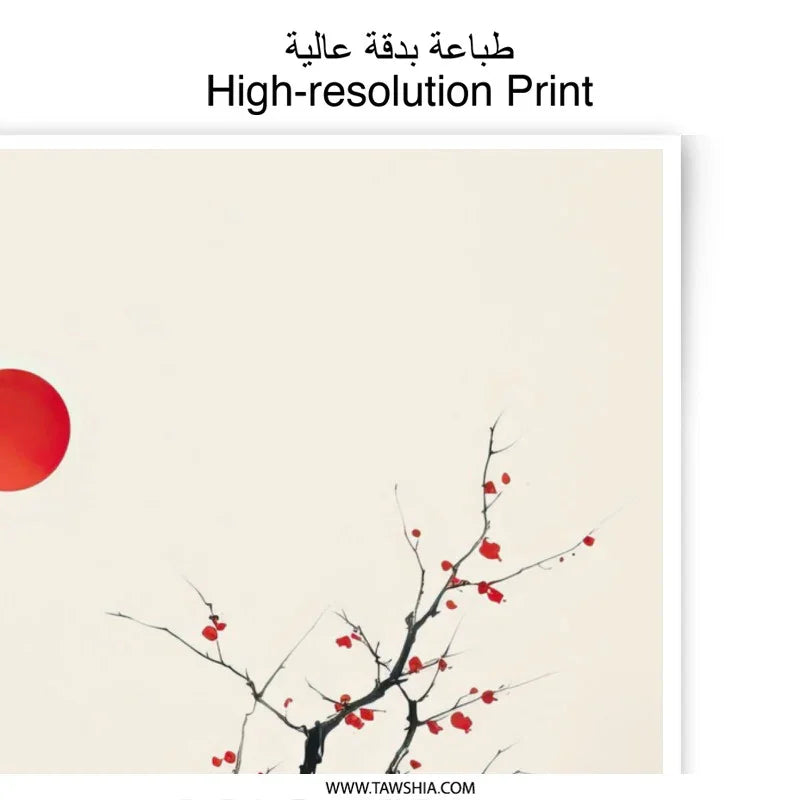 Japanese Art Photographic Print, Sumi e Ink Art, Red Sun Decor, Minimalist Tree Art, Zen Art Print, Nature Wall Art, Oriental Art, Gift Idea - Tawshia
