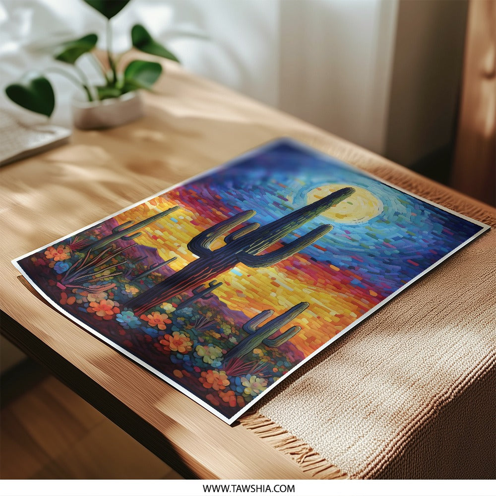 Desert Cactus Photographic Print, Full Moon Art, Southwestern Decor, Colorful Landscape, Nature Wall Art, Desert Sunset Photo (135) - Tawshia