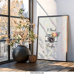 I Shoot People Framed Wall Art, Floral Camera Art Print, Photographer Gift, Home Decor, Wall Hanging, Black Frame - Tawshia