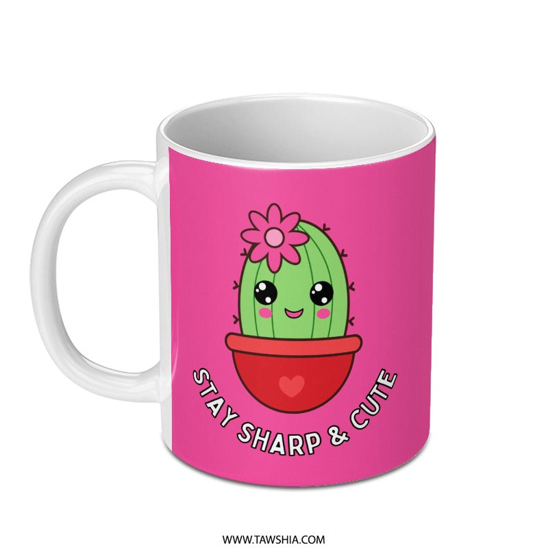 Cute Cactus Mug, Stay Sharp and Cute, Kawaii Mug, Gift for Plant Lover, Funny Coffee Mug, Unique Mug Design, Pink Mug, Novelty Mug - Tawshia