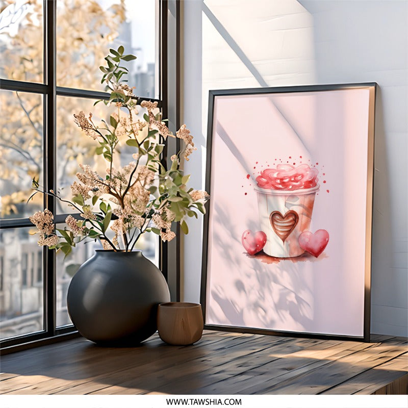 Cute Valentine Wall Art, Coffee Cup Print, Heart Decor, Sweet Love Gift, Romantic Pink Artwork, Home Decor Wall Art - Tawshia