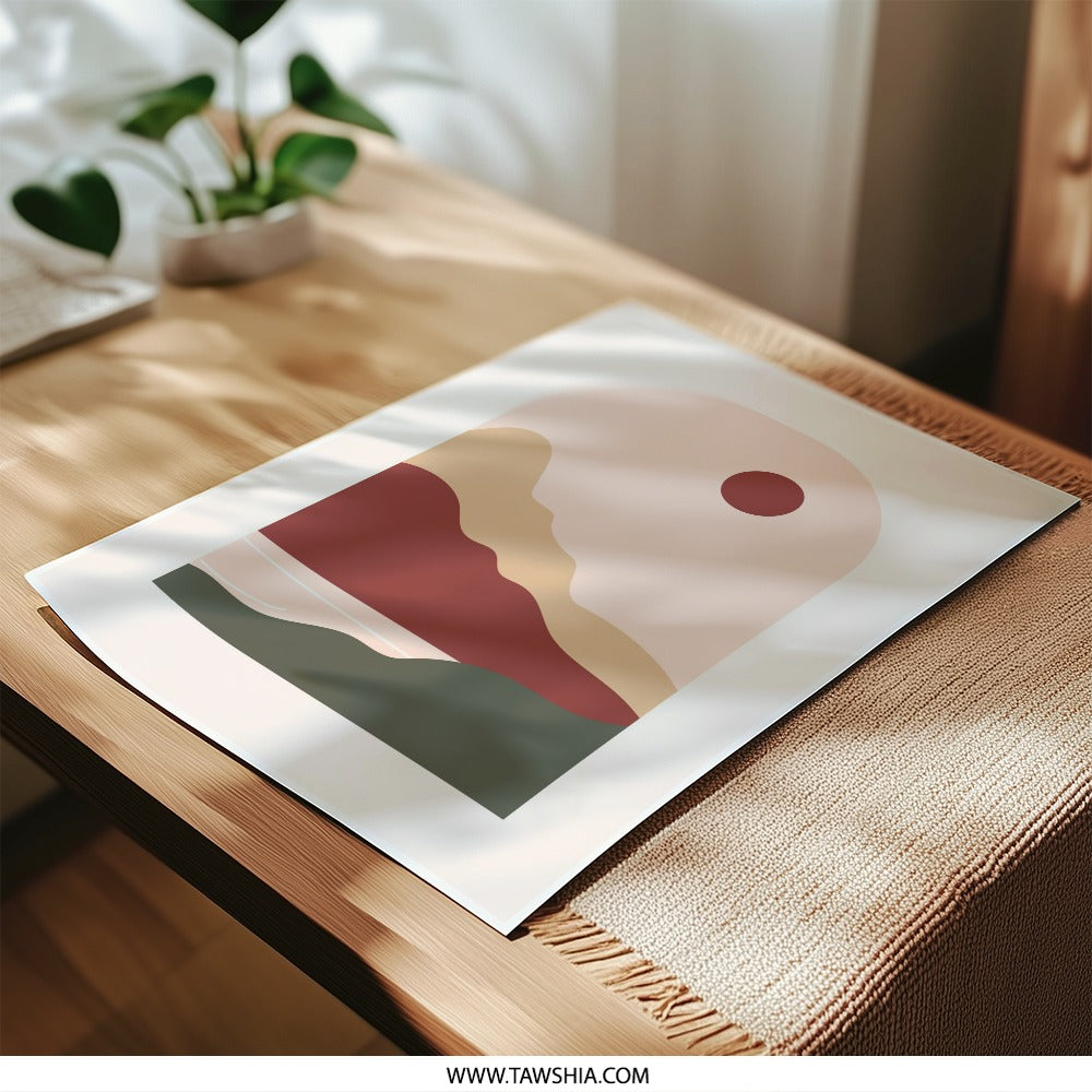 Abstract Landscape Photographic Print, Minimalist Boho Wall Art, Red Sun Mountain Scenery, Modern Home Decor, Printable Art - Tawshia