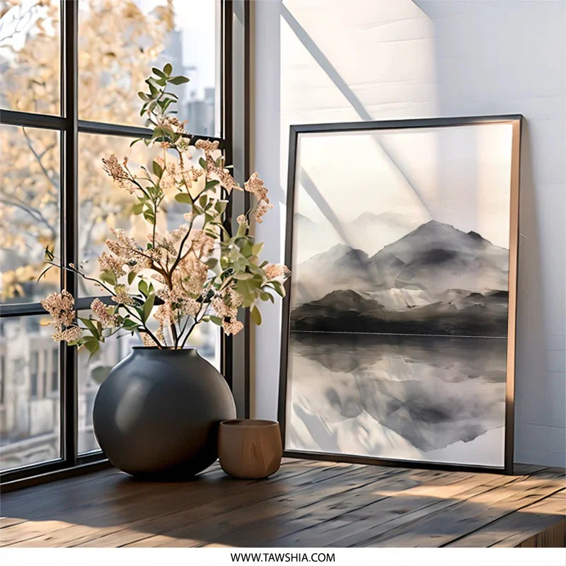 Misty Mountain Wall Art, Landscape Art Print, Mountain Reflection Wall Decor, Nature Home Decor, Minimalist Art, Serene Scenery Print - Tawshia