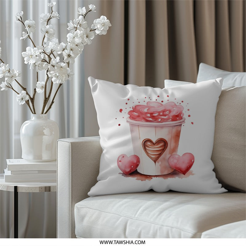 Watercolor Heart Drink Pillow, Romantic Valentine Cushion, Coffee Lover Decor, Whimsical Accent Throw Pillow, Cute Pink Beverage Pillow - Tawshia