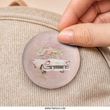 Pink Car with Flowers Pinback Button, Classic Car Pin, Vintage Car Button, Aesthetic Car Design, Car Lover Gift, Trendy Pinback Button - Tawshia