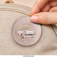 Pink Car with Flowers Pinback Button, Classic Car Pin, Vintage Car Button, Aesthetic Car Design, Car Lover Gift, Trendy Pinback Button - Tawshia