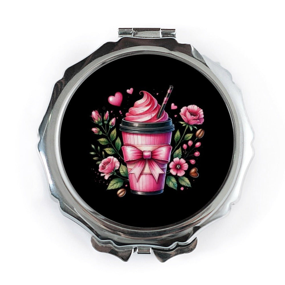 Pink Drink Pocket Mirror, Floral Coffee Mirror, Cute Coffee Lover Gift, Girly Pocket Mirror, Valentine's Day Pocket Mirror - Tawshia