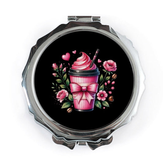 Pink Drink Pocket Mirror, Floral Coffee Mirror, Cute Coffee Lover Gift, Girly Pocket Mirror, Valentine's Day Pocket Mirror - Tawshia