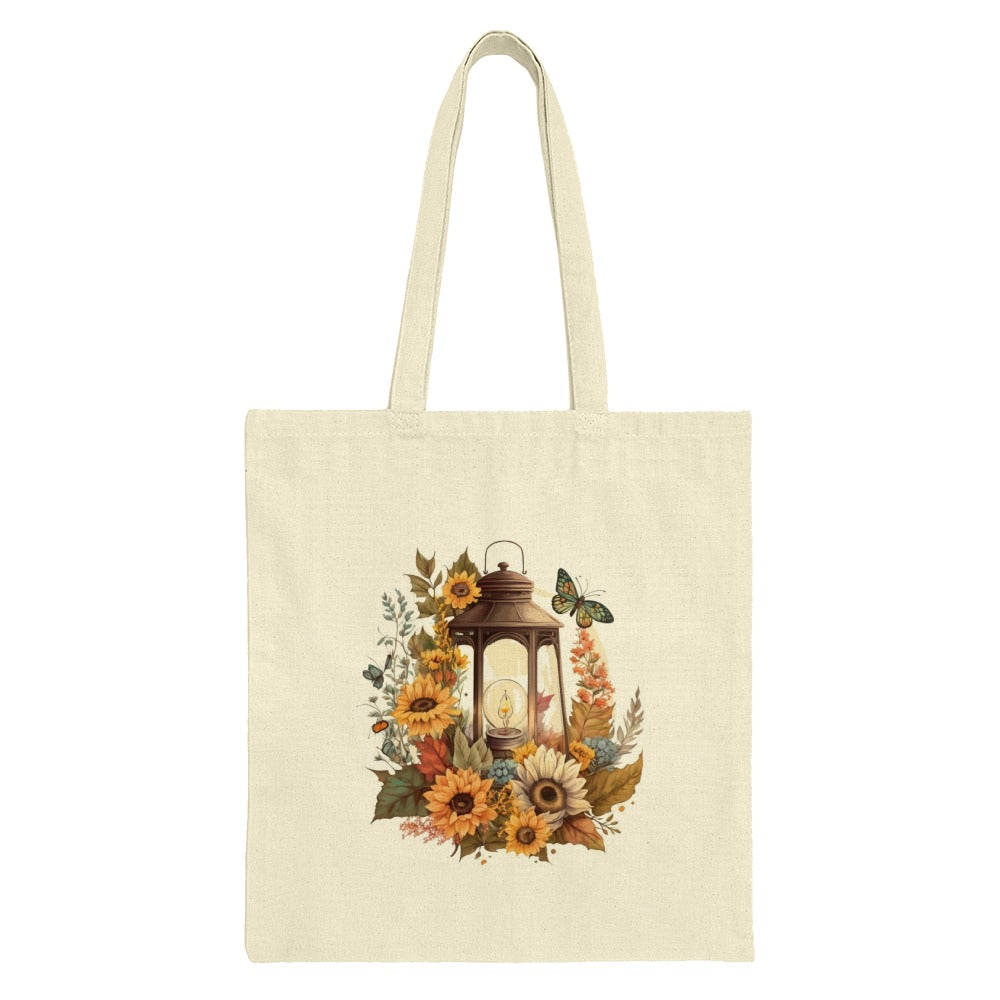 Lantern Tote Bag, Floral Tote, Sunflower Bag, Butterfly Design, Fall Decor, Autumn Bag, Unique Tote Bag, Lantern Gift, Nature Tote Bag - Tawshia