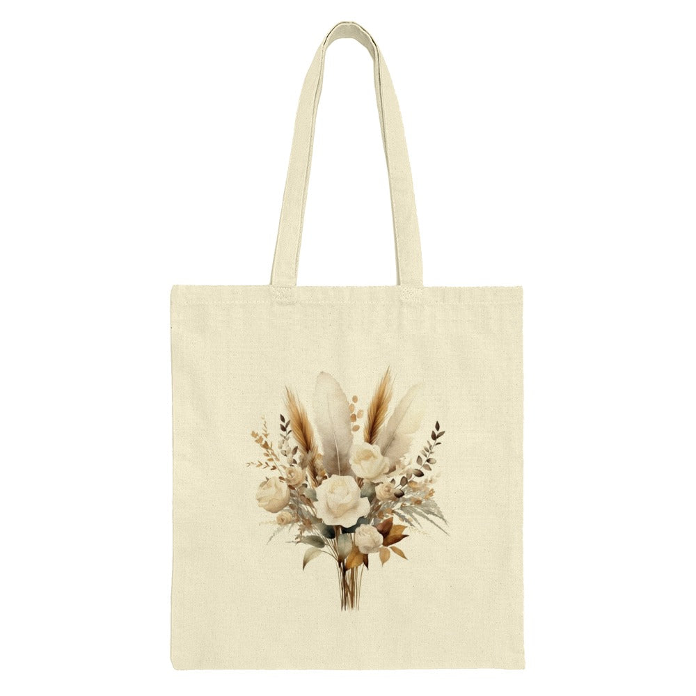 Floral Bouquet Tote Bag, Boho Tote Bag, Aesthetic Tote Bag, Feather Design Tote Bag, Beige Flower Market Bag, Chic Shopping Bag - Tawshia
