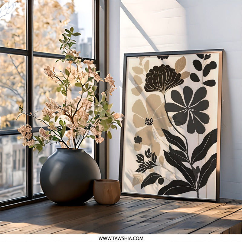 Floral Wall Art, Neutral Flower Print, Botanical Art Print, Modern Floral Decor, Beige and Black Flower Wall Decor, Minimalist Flower Design - Tawshia