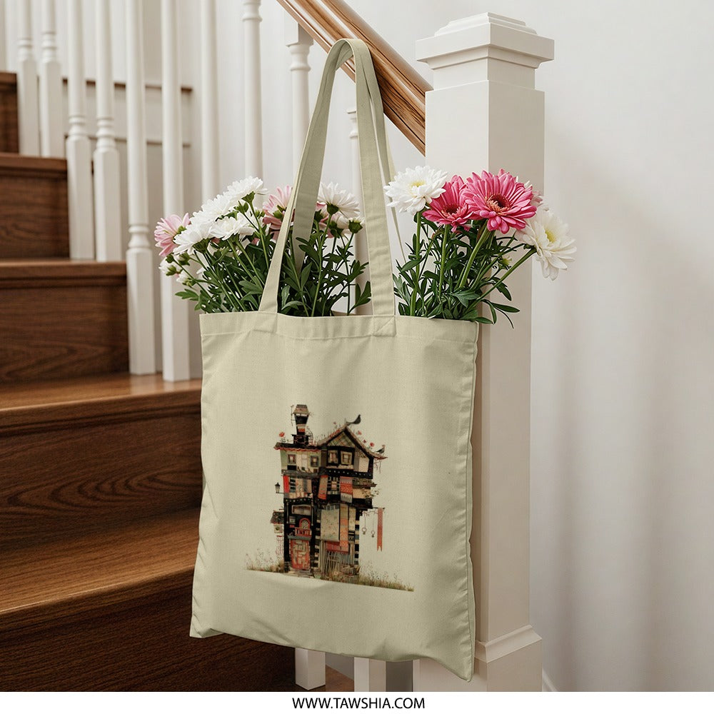 Whimsical House Tote Bag, Fantasy Home Bag, Storybook House Bag, Quirky Architecture, Unique Design Tote, Everyday Bag, Book Lover Gift - Tawshia