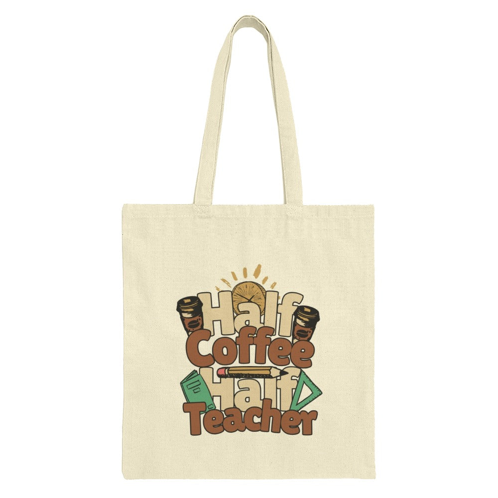 Half Coffee Half Teacher Tote Bag, Teacher Gift Tote, Funny Teacher Tote, Book Coffee Pencil Design Tote Bag, Teacher Appreciation Gift - Tawshia