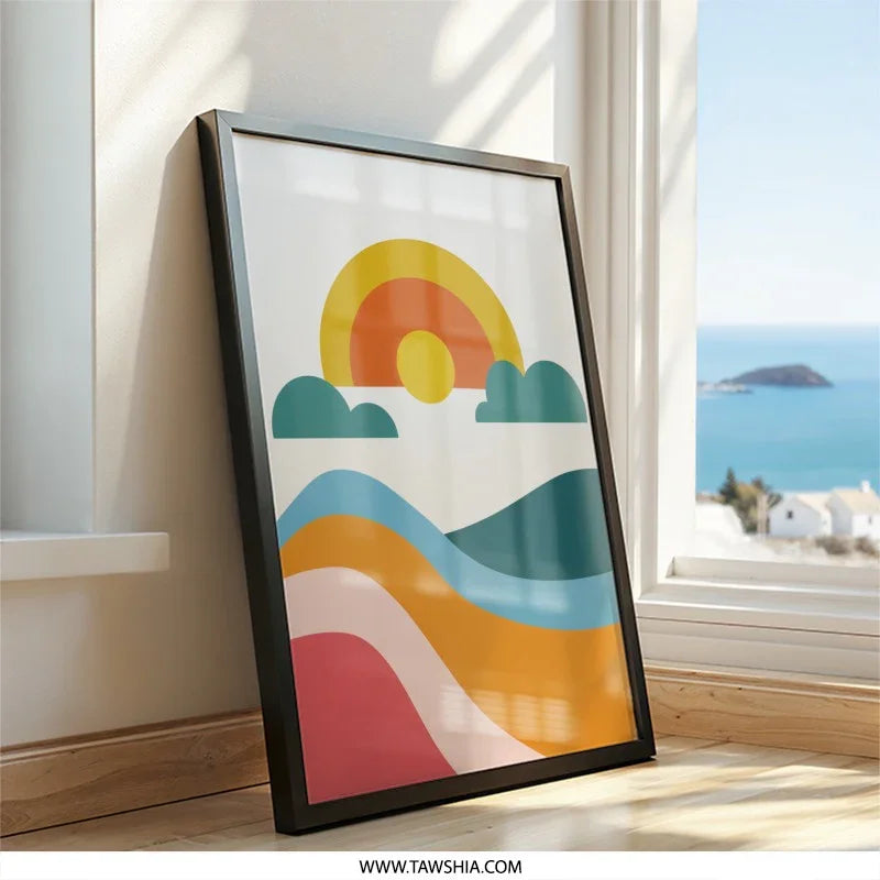 Retro Sun Wall Art, Abstract Landscape Print, 70s Style Home Decor, Boho Mountain Art, Colorful Illustration, Modern Art Print - Tawshia