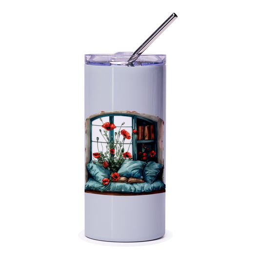 Poppies Window Tumbler, Floral Tumbler, Book Lover Gift, Cozy Tumbler, Reading Nook Tumbler, Unique Tumbler, Flower Tumbler - Tawshia