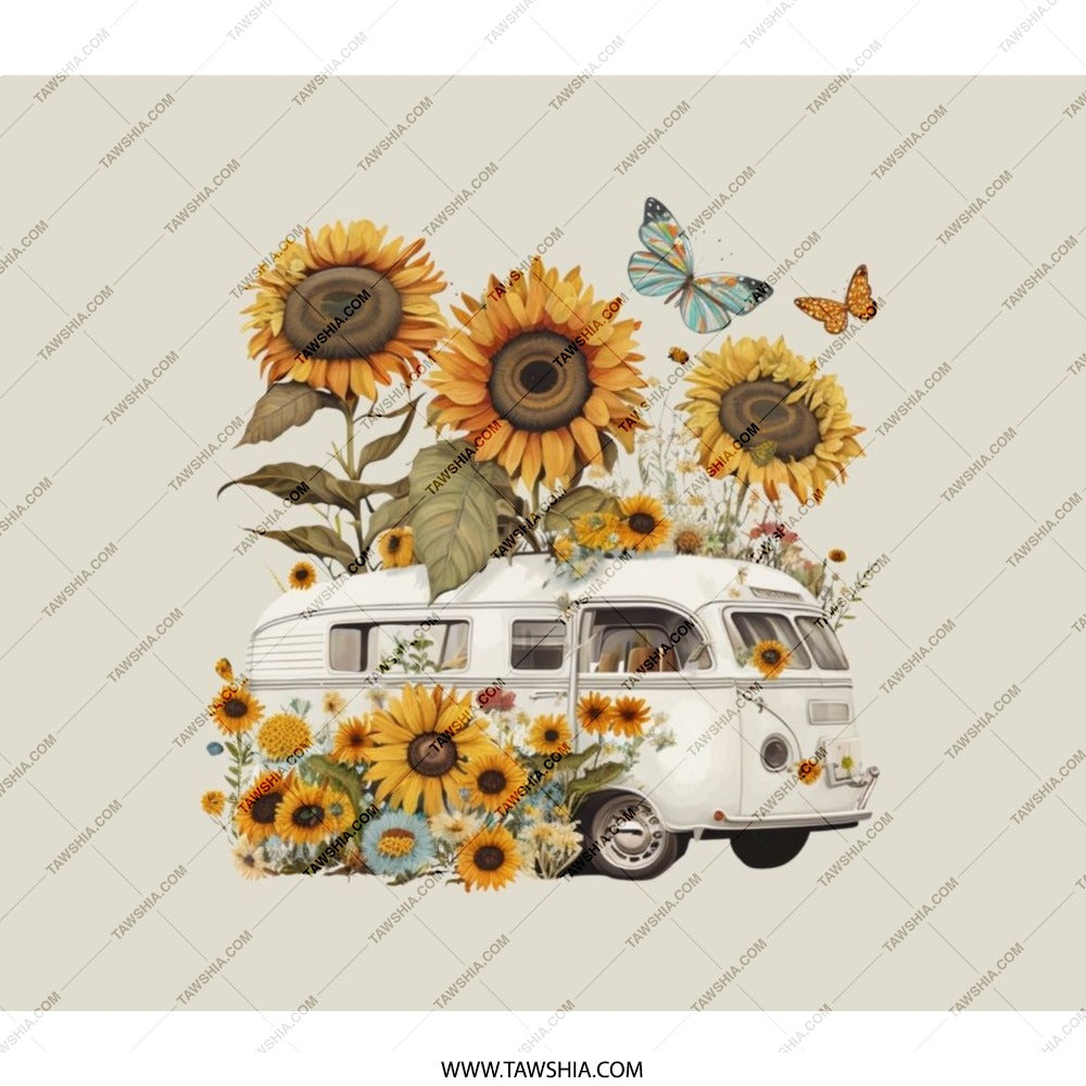 Sunflower Camper Backpack, Floral Butterflies Backpack, Cute Camper Van Back Pack, Trendy Back To School Bookbag, Travel Rucksack - Tawshia