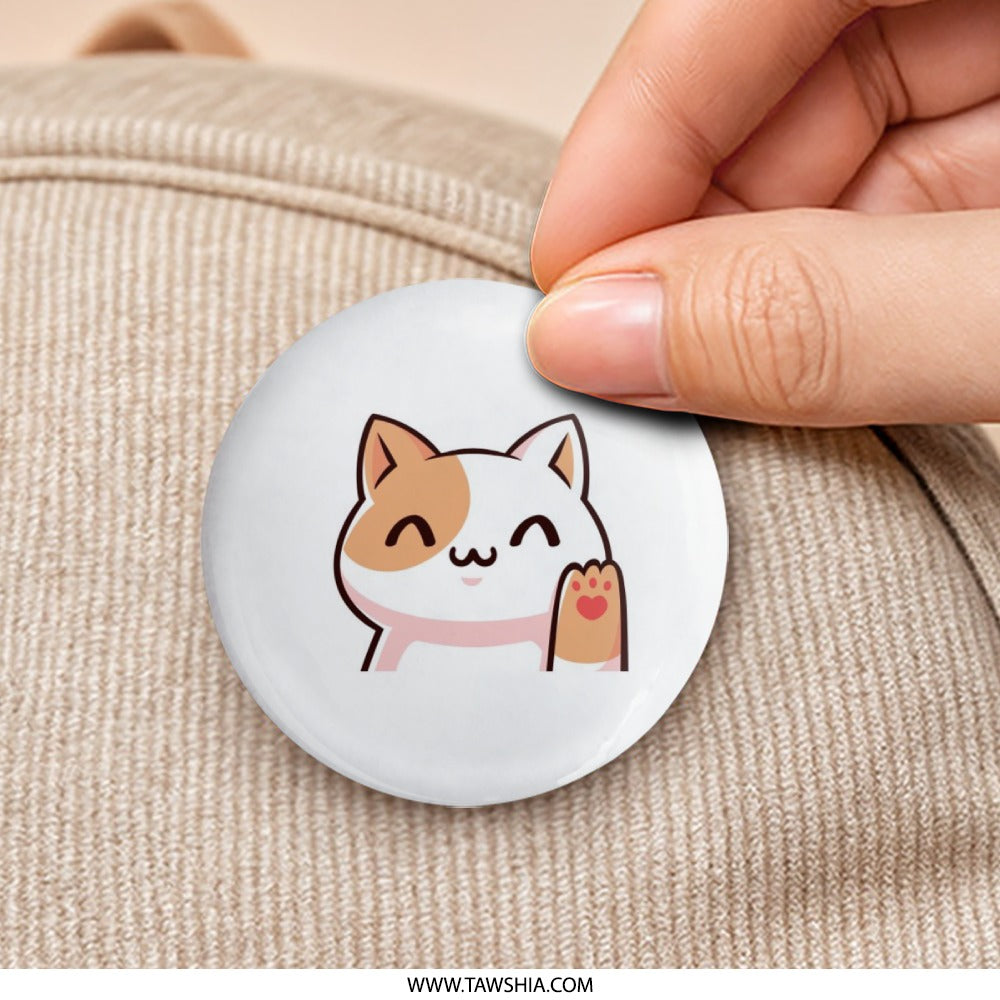 Waving Cat Pinback Button, Cute Kitten Button, Kawaii Cat Pin, Happy Cat Accessories, Cat Lover Gift, Trendy Pins, Cat Gifts - Tawshia