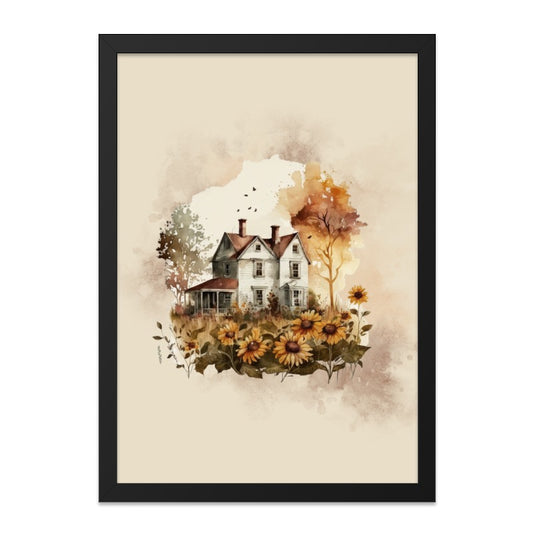 Watercolor Farmhouse Framed Wall Art, Sunflower Field Print, Rustic Home Decor, Vintage Farmhouse Painting, Country House Artwork - Tawshia