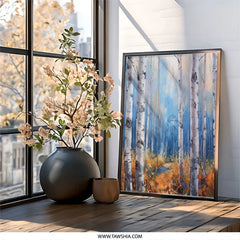 Birch Tree Forest Wall Art, Autumn Landscape Print, Abstract Painting Style, Blue Sky Art, Nature Artwork for Home Decor, Framed Art - Tawshia