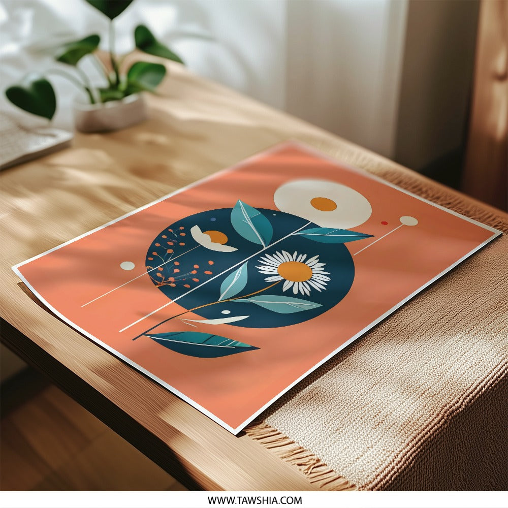 Floral Photographic Print, Daisy Wall Art, Retro Botanical Print, Mid Century Modern Home Decor, Flower Artwork, Orange Teal Art Print - Tawshia