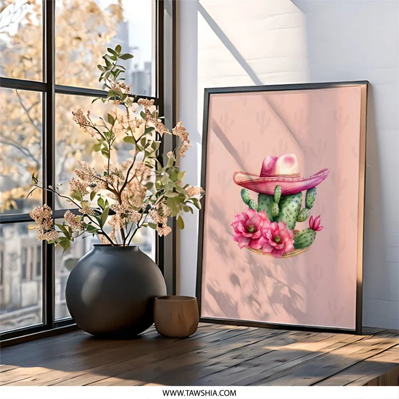 Pink Cactus Wall Art, Southwestern Decor, Floral Cactus Print, Pink Cowboy Hat, Desert Wall Decor, Trendy Cactus Wall Decor - Tawshia