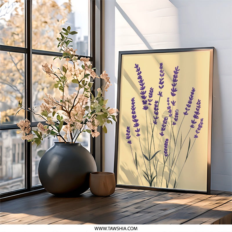 Lavender Field Wall Art, Floral Illustration Print, Botanical Home Decor, Purple Flower Art, Minimalist Design - Tawshia