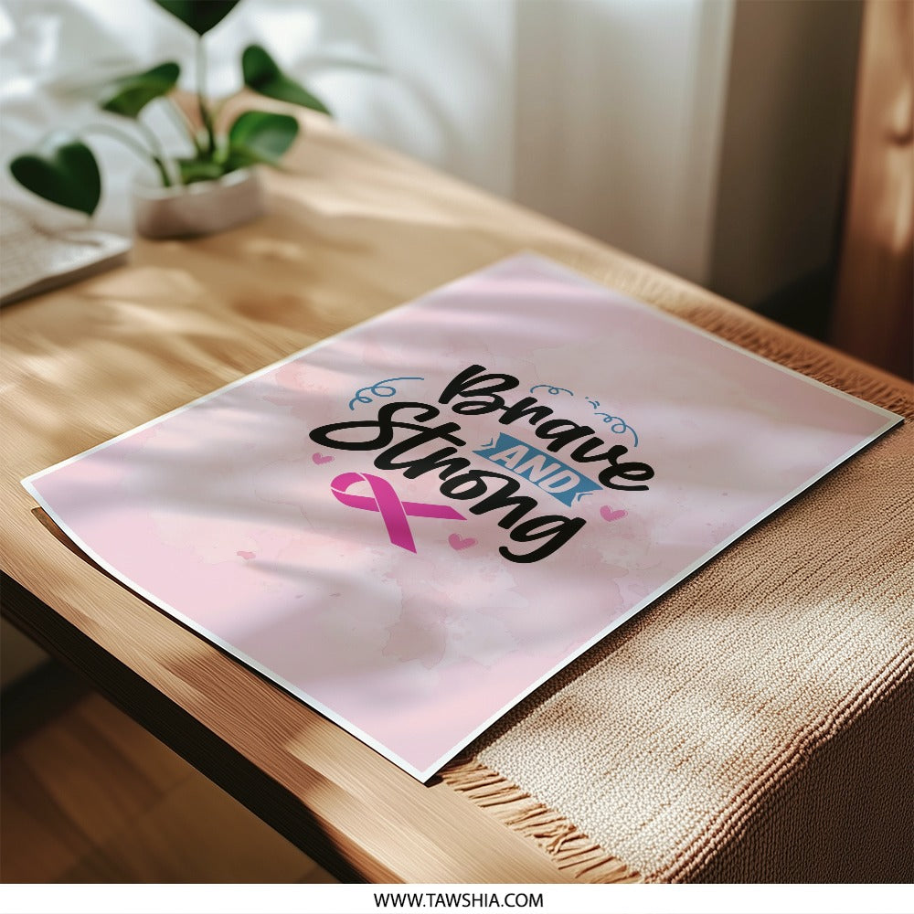 Brave and Strong Photographic Print, Breast Cancer Awareness Art, Inspirational Wall Decor, Hope Gift, Ribbon Support Print - Tawshia