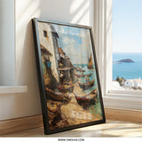 Coastal Village Wall Art, Boat Painting Print, Beach Scene Artwork, Fishermen by the Sea, Nautical Decor, Framed Art Print - Tawshia