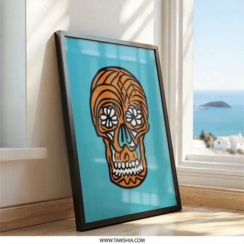 Orange Sugar Skull Wall Art, Dia de los Muertos Decor, Calavera Art Print, Mexican Folk Art, Halloween Decoration, Day of the Dead - Tawshia