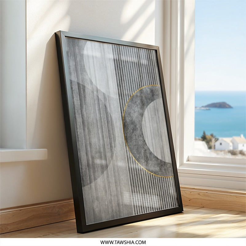Modern Abstract Wall Art, Geometric Circle Print, Gray and Gold Art Decor, Minimalist Artwork, Stylish Home Decor, Framed Wall Art - Tawshia