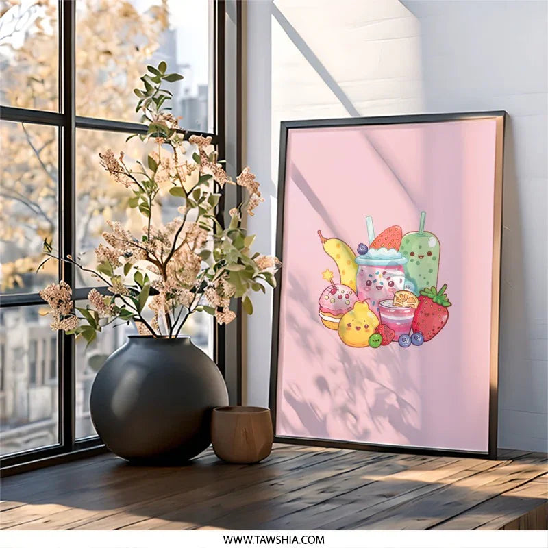 Kawaii Food Framed Wall Art, Cute Fruit and Drinks Illustration Print, Sweet Treats Home Decor, Pastel Colors Art, Kid Room Art - Tawshia