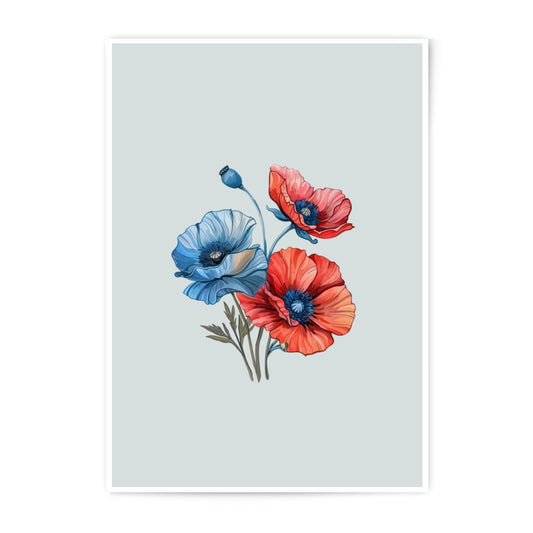 Floral Photographic Prints, Poppy Artwork Prints, Botanical Wall Decor, Flower Photography, Red and Blue Flower Illustration, Home Decor - Tawshia